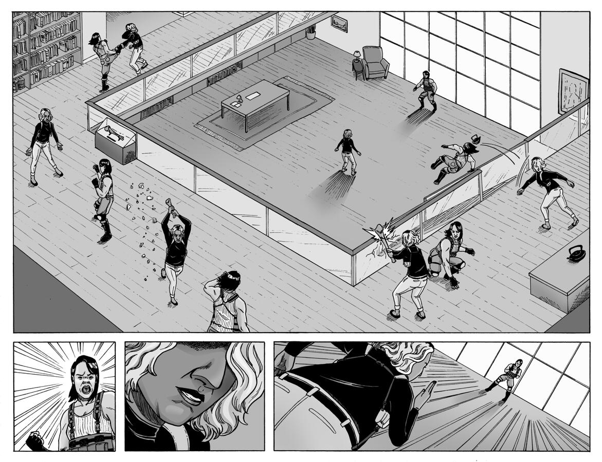 Exes with Axes (2022) Pages 6-7 (Unlettered), written in collaboration with Alex Bennetts